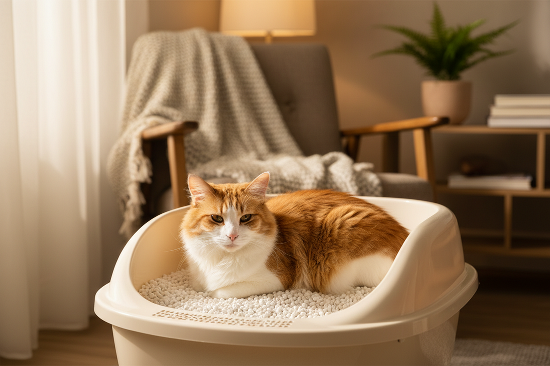 A cat sitting on litter tray filler with GIGO Cat Litter