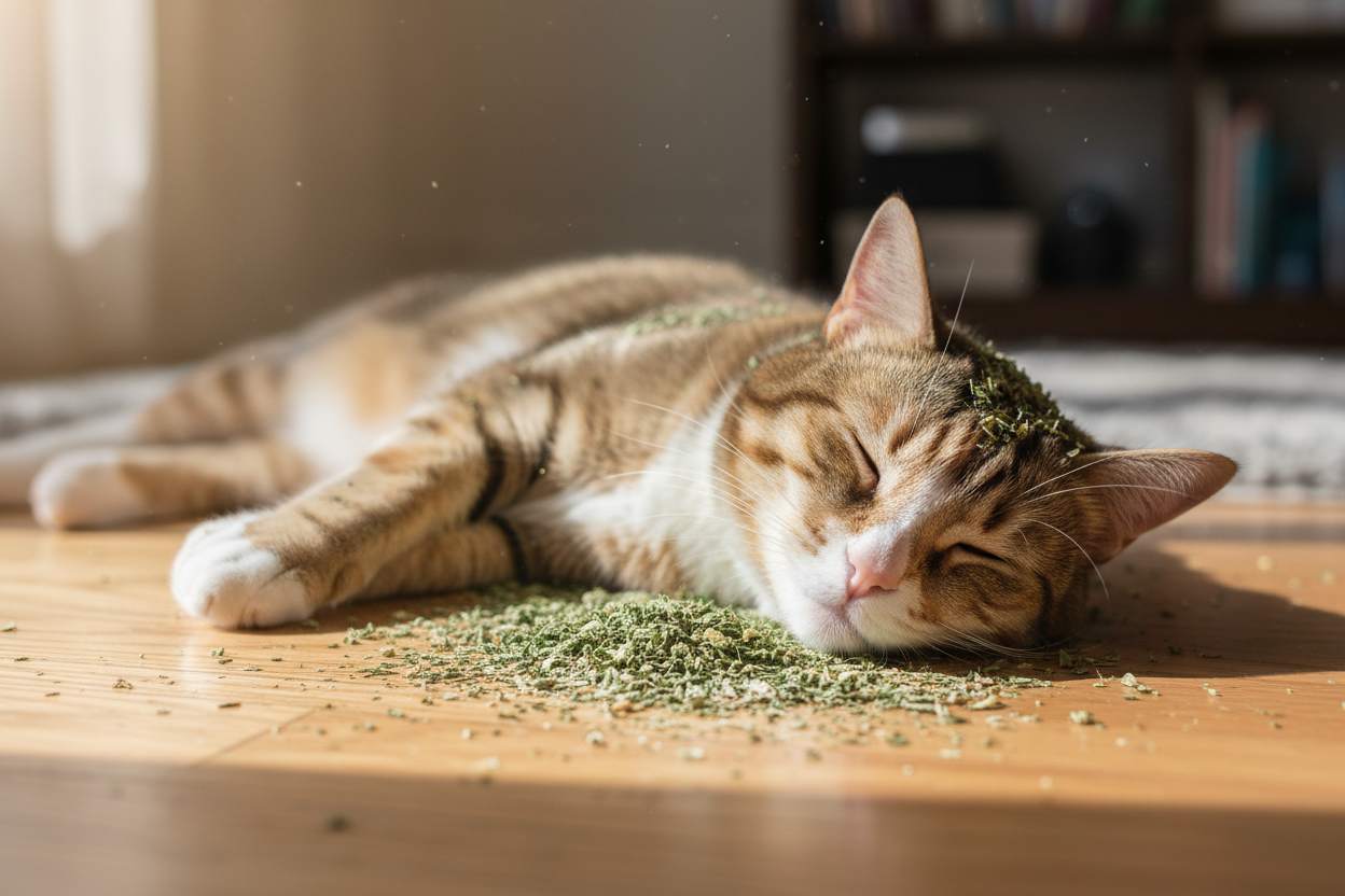 Cat happily sleeping after taking GIGO catnip