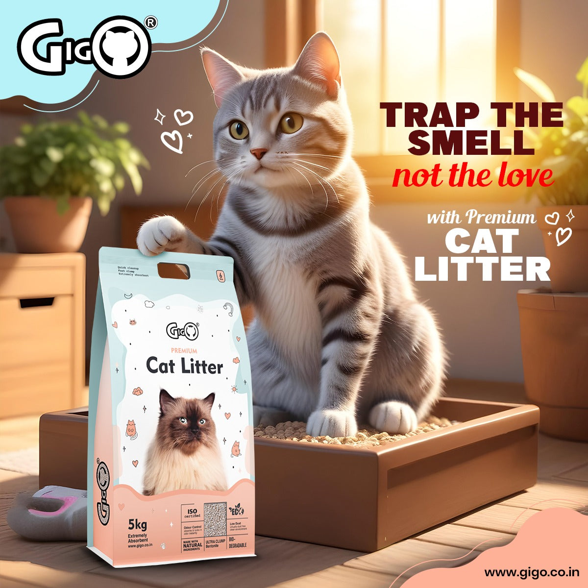 Gigo Premium White Bentonite Cat Litter with Activated Charcoal – Super Hard Clumping, 99% Dust Free, Soft on Paws, Ultra Odour Lock Cat Litter for All Breeds (5kg) Visit the GIGO Store