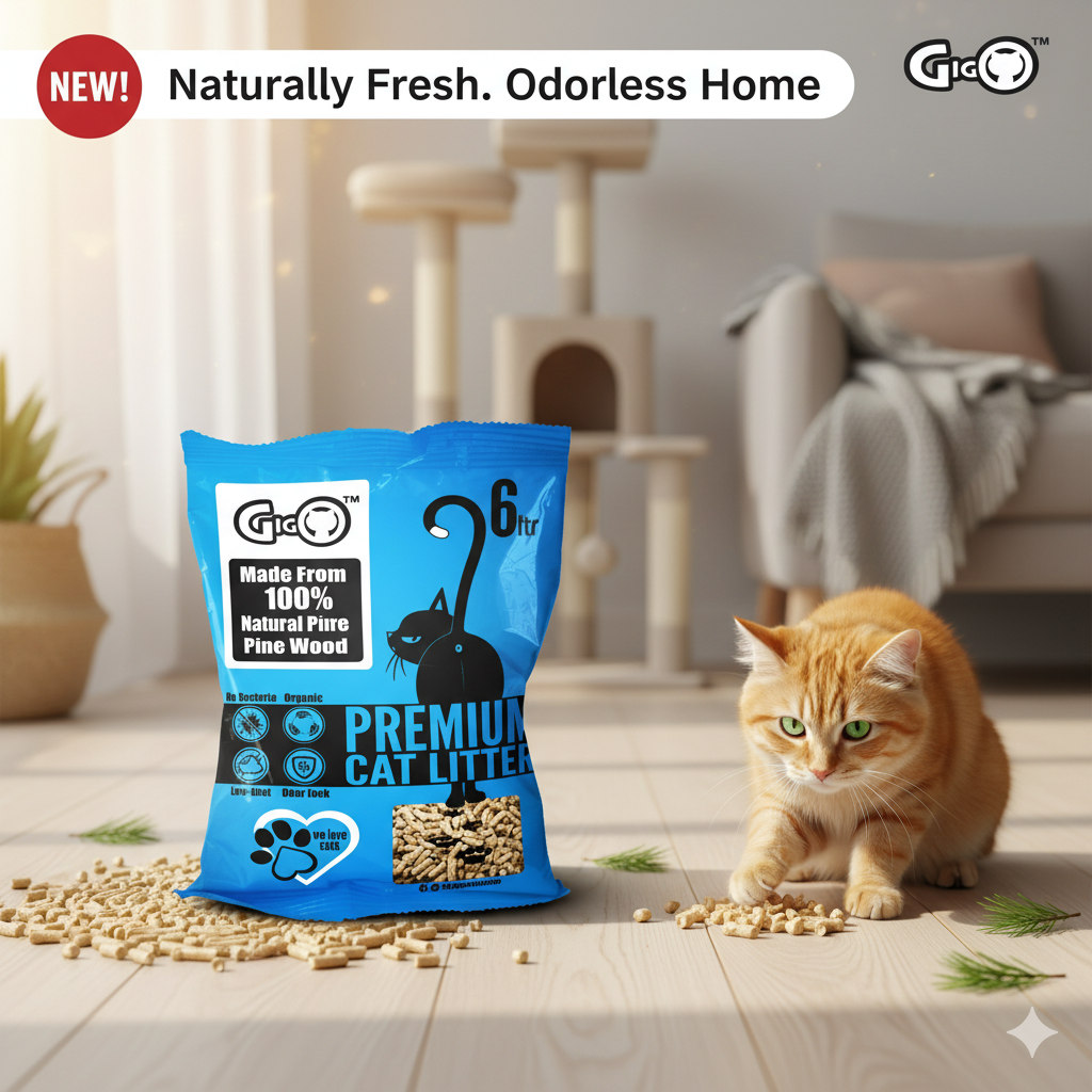 Gigo Premium Pine Wood Cat Litter 6L – Natural, Low Dust, Highly Absorbent, Odour Control, Eco-Friendly Pellet Litter for Cats