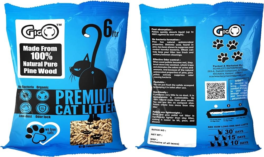 Gigo Premium Pine Wood Cat Litter 6L – Natural, Low Dust, Highly Absorbent, Odour Control, Eco-Friendly Pellet Litter for Cats